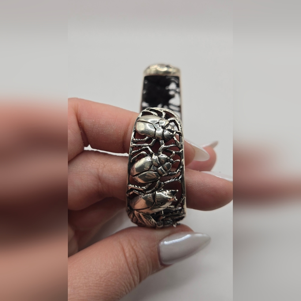 Intricate Solid Sterling Silver Beetle Cuff Brace… - image 6